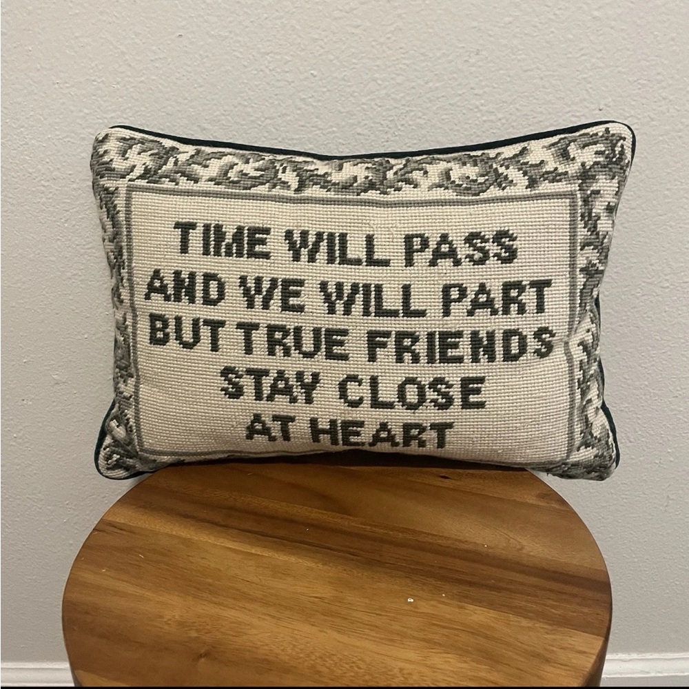 Vintage 123 Creations Green and Ivory True Friendships Needlepoint Accent Pillow